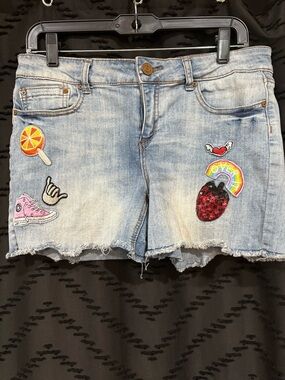 Indigo Light Blue Denim Shorts with Colorful Patch Details